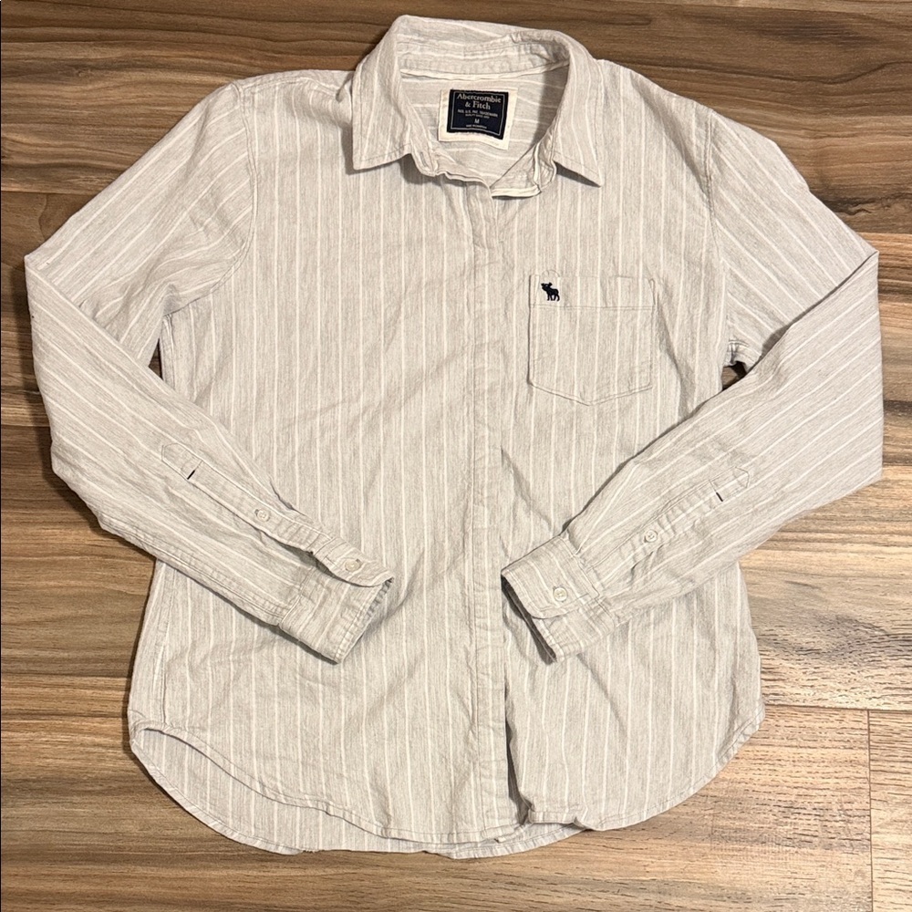 Abercrombie & Fitch Button Down Shirt TEEN Youth M Grey Stripe Pocket Logo